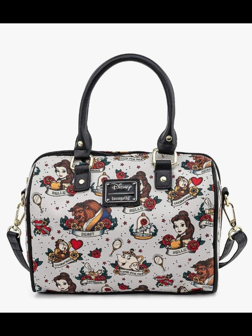 Loungefly Beauty and the Beast Belle Print Satchel - White/Black